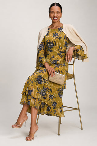 Long Sleeve Frill Chiffon Midaxi Dress Yellow Floral