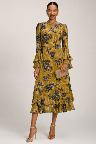 Long Sleeve Frill Chiffon Midaxi Dress Yellow Floral