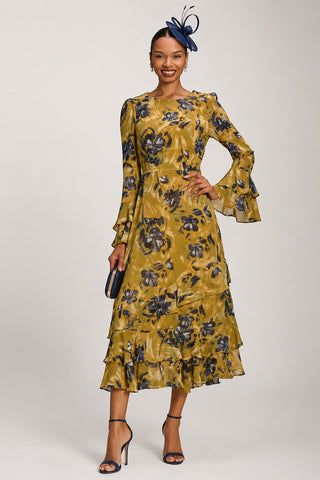 Long Sleeve Frill Chiffon Midaxi Dress Yellow Floral