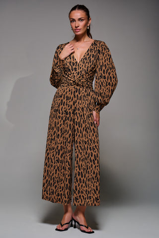 Jolie Moi Gael Long Sleeve Jumpsuit, Brown Animal