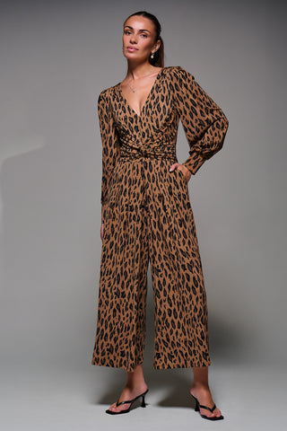 Jolie Moi Gael Long Sleeve Jumpsuit, Brown Animal