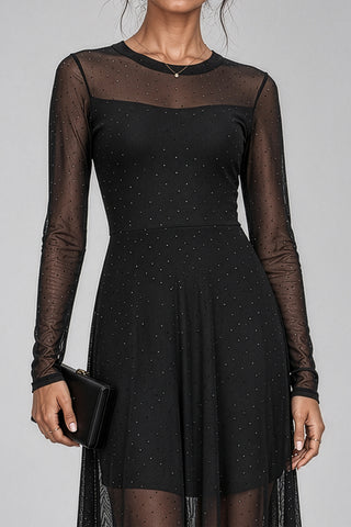 Long Sleeve Fit & Flare Mesh Maxi Dress, Black