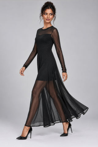 Long Sleeve Fit & Flare Mesh Maxi Dress, Black