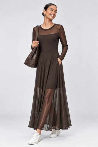 Long Sleeve Fit & Flare Mesh Maxi Dress, Brown