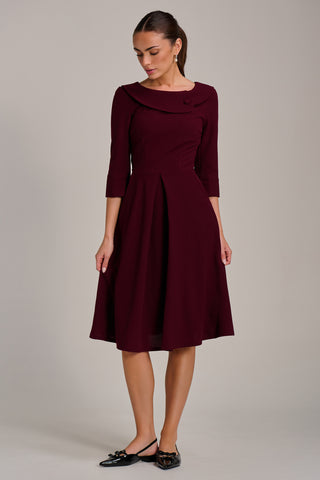 Fold Collar Button Detail Dress, Burgundy