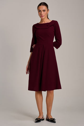 Fold Collar Button Detail Dress, Burgundy