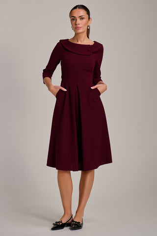 Fold Collar Button Detail Dress, Burgundy
