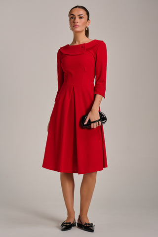 Fold Collar Button Detail Dress, Poppy Red