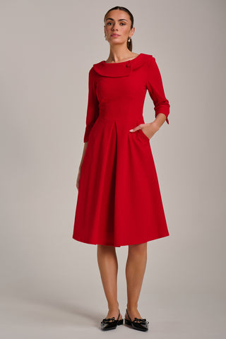 Fold Collar Button Detail Dress, Poppy Red