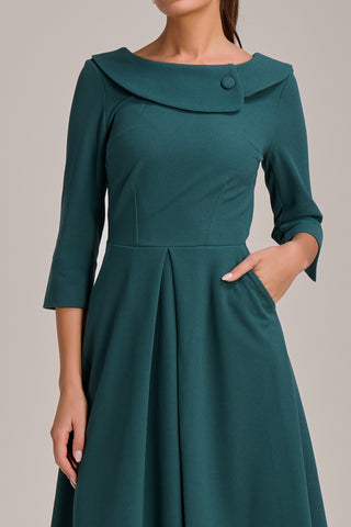 Fold Collar Button Detail Dress, Retro Green