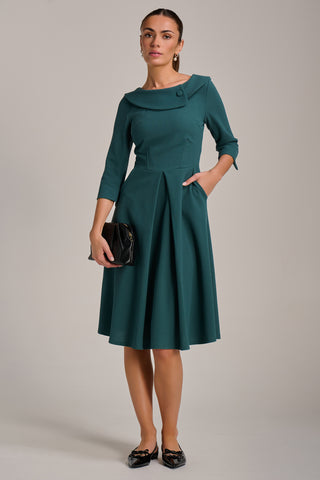 Fold Collar Button Detail Dress, Retro Green