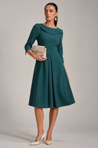 Fold Collar Button Detail Dress, Retro Green