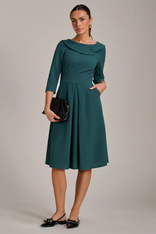 Fold Collar Button Detail Dress, Retro Green