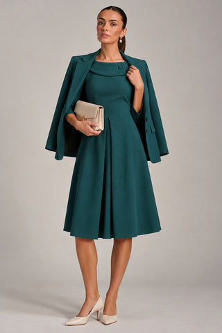 Fold Collar Button Detail Dress, Retro Green