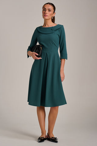 Fold Collar Button Detail Dress, Retro Green