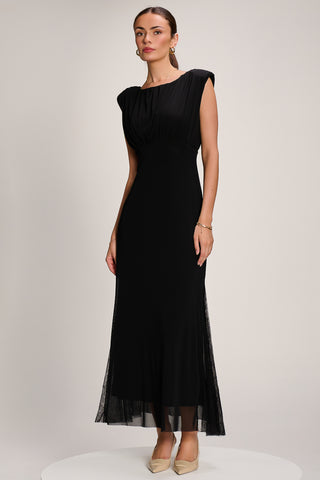 Lace Insert Mesh Maxi Dress, Black