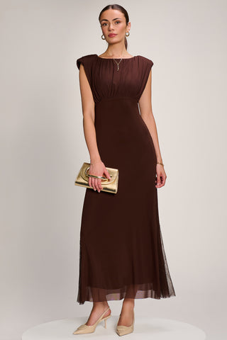 Lace Insert Mesh Maxi Dress, Brown