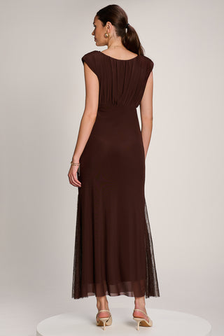 Lace Insert Mesh Maxi Dress, Brown