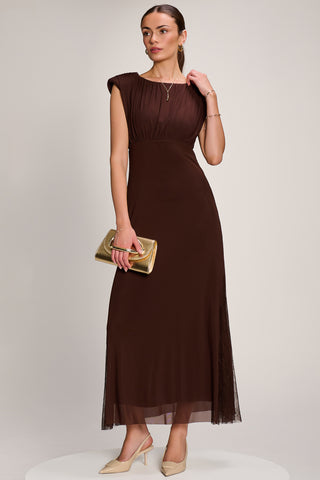 Lace Insert Mesh Maxi Dress, Brown