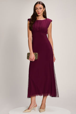 Lace Insert Mesh Maxi Dress, Dark Purple