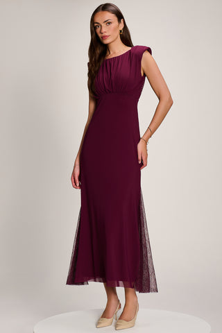 Lace Insert Mesh Maxi Dress, Dark Purple