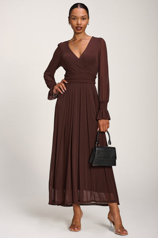 Long Sleeve Mesh Maxi Dress, Cocoa Brown