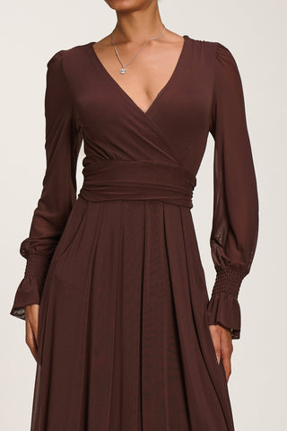 Long Sleeve Mesh Maxi Dress, Cocoa Brown