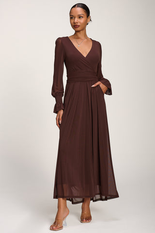 Long Sleeve Mesh Maxi Dress, Cocoa Brown