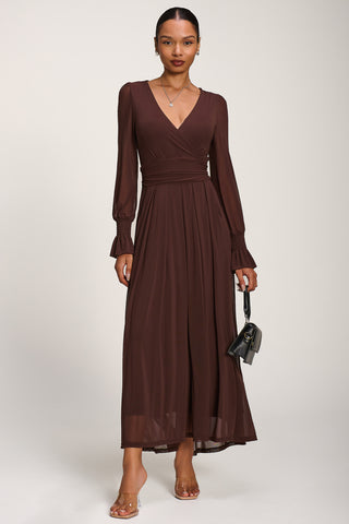Long Sleeve Mesh Maxi Dress, Cocoa Brown