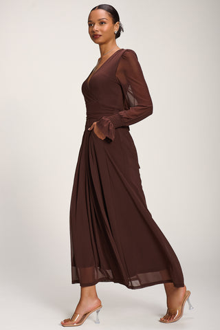 Long Sleeve Mesh Maxi Dress, Cocoa Brown