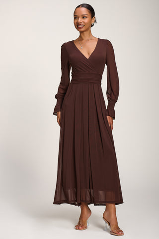 Long Sleeve Mesh Maxi Dress, Cocoa Brown