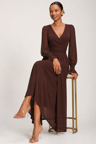 Long Sleeve Mesh Maxi Dress, Cocoa Brown