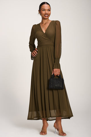 Long Sleeve Mesh Maxi Dress, Dark Olive Green