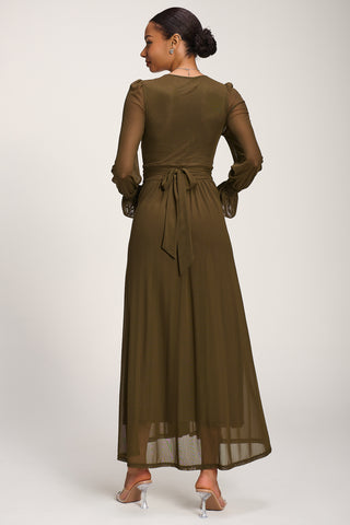 Long Sleeve Mesh Maxi Dress, Dark Olive Green