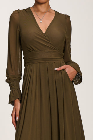 Long Sleeve Mesh Maxi Dress, Dark Olive Green