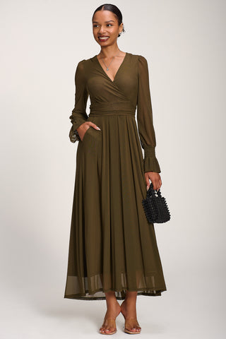 Long Sleeve Mesh Maxi Dress, Dark Olive Green