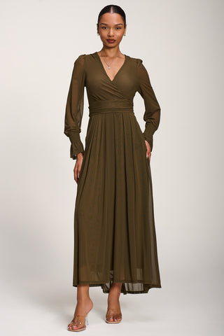 Long Sleeve Mesh Maxi Dress, Dark Olive Green