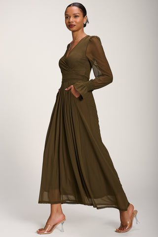 Long Sleeve Mesh Maxi Dress, Dark Olive Green