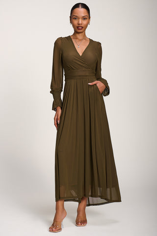 Long Sleeve Mesh Maxi Dress, Dark Olive Green