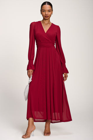Long Sleeve Mesh Maxi Dress, Dark Red