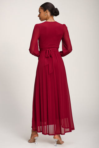 Long Sleeve Mesh Maxi Dress, Dark Red