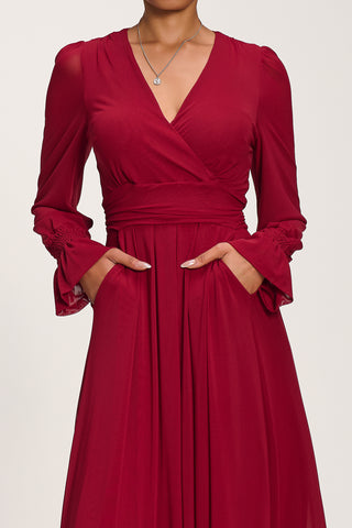 Long Sleeve Mesh Maxi Dress, Dark Red