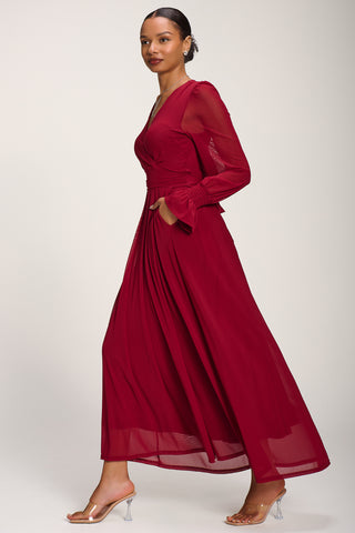 Long Sleeve Mesh Maxi Dress, Dark Red