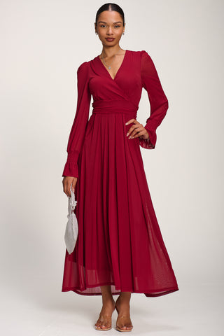 Long Sleeve Mesh Maxi Dress, Dark Red