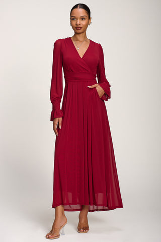 Long Sleeve Mesh Maxi Dress, Dark Red