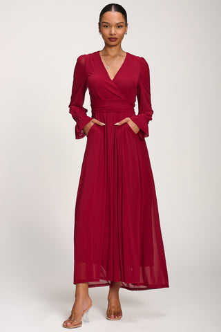 Long Sleeve Mesh Maxi Dress, Dark Red
