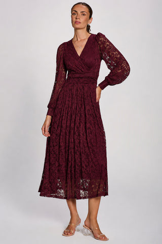 Long Sleeve Printed Lace Maxi Dress, Burgundy