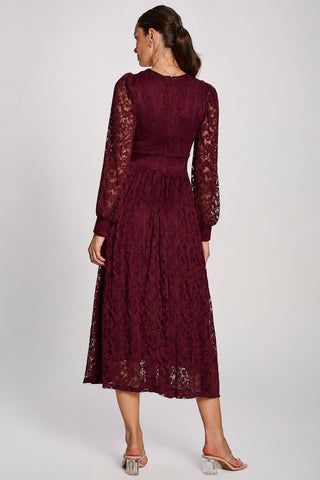 Long Sleeve Printed Lace Maxi Dress, Burgundy