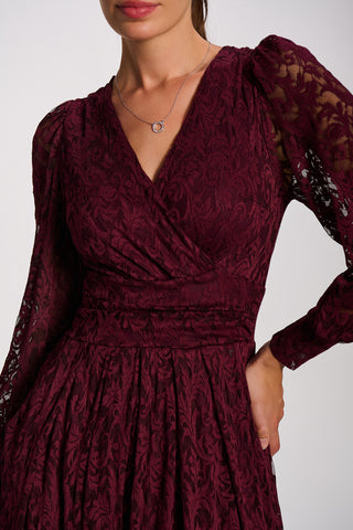Long Sleeve Printed Lace Maxi Dress, Burgundy