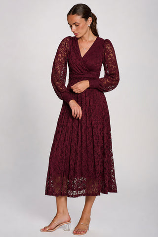 Long Sleeve Printed Lace Maxi Dress, Burgundy